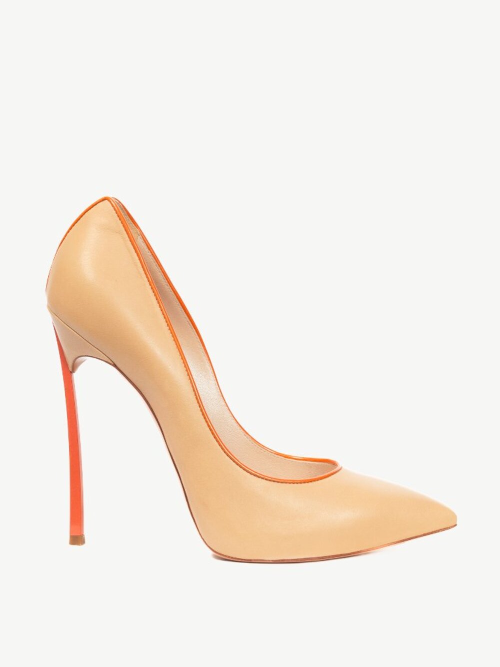 Casadei Blade Beige Leather Orange-Trim Pointed-Toe Pumps